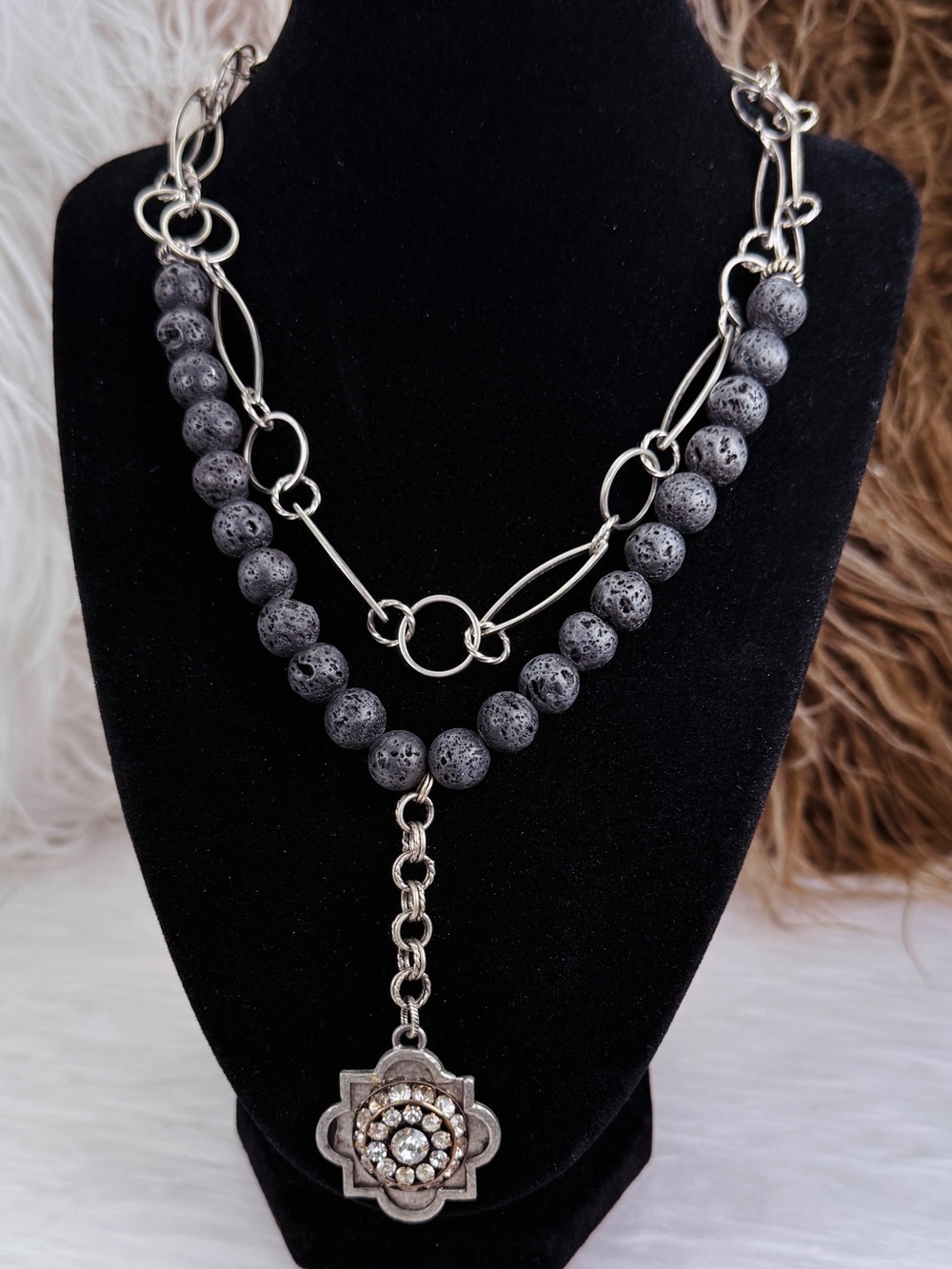 Vintage Statement Necklace Porous Black Beads Rhinestone Medallion Silvertone